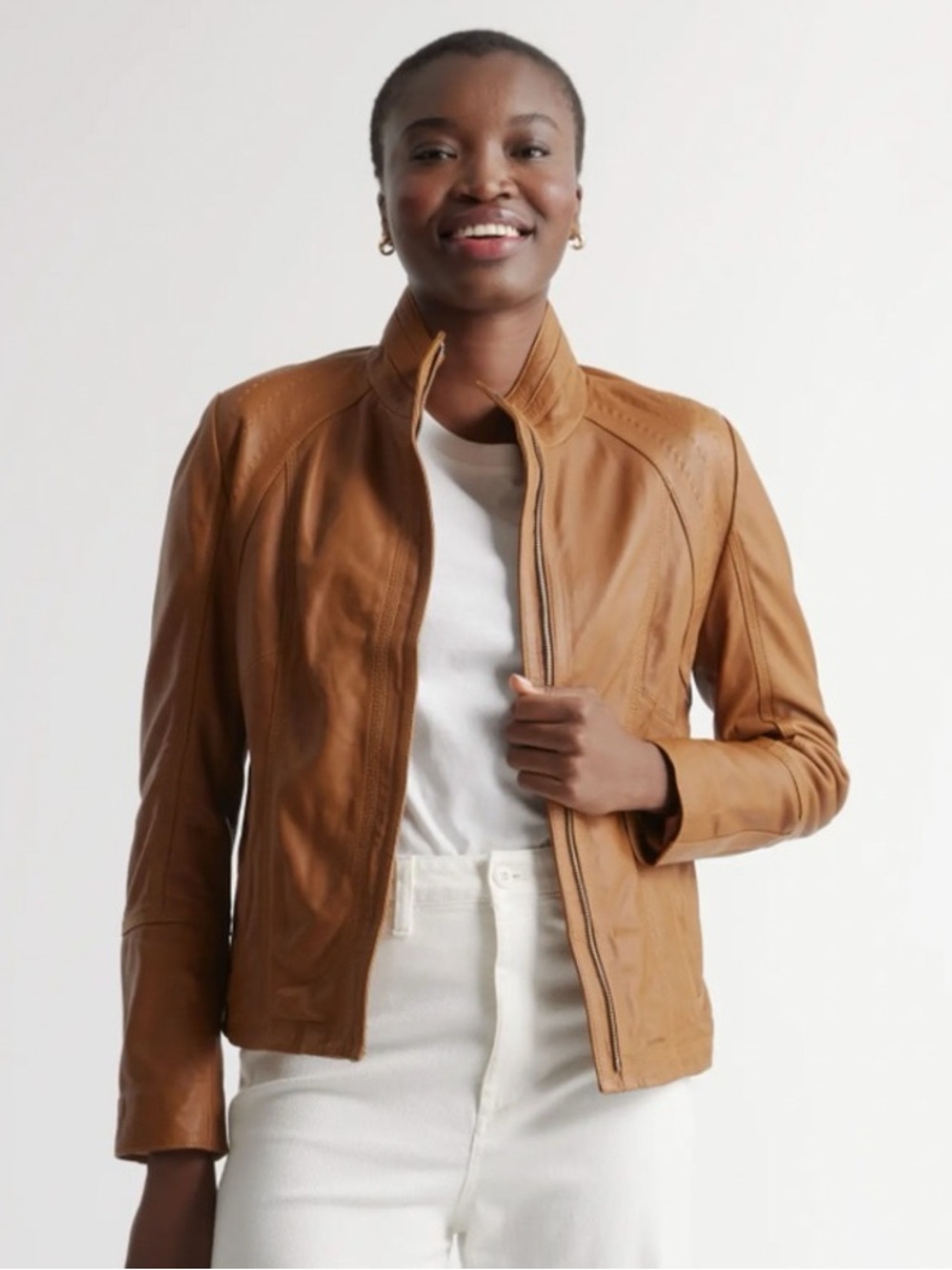 Quince Women's Cognac Brown Leather Stand-Collar Jacket Large Full Zip